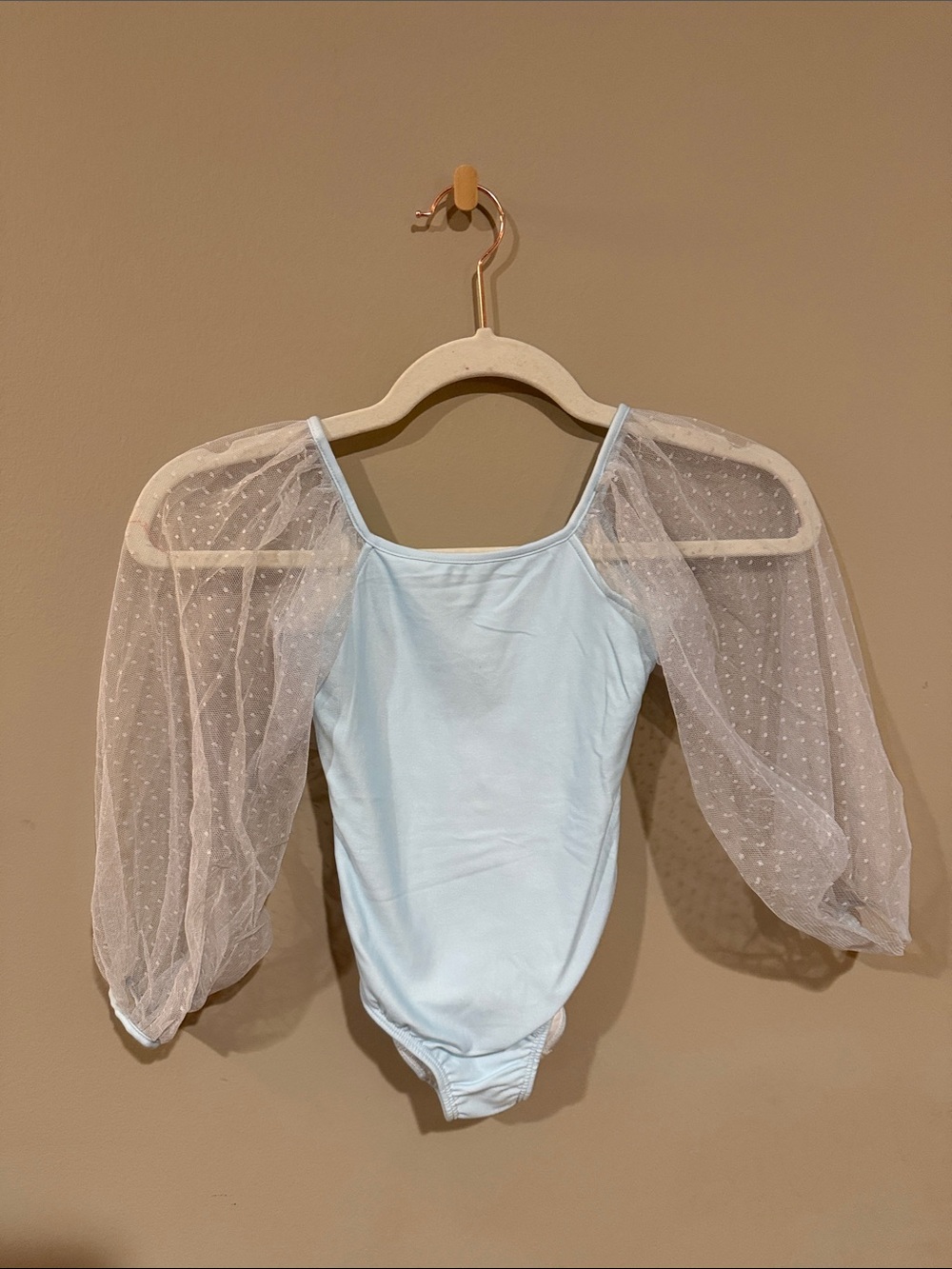 cheeky plum light blue leotard with sheer white puff sleeves